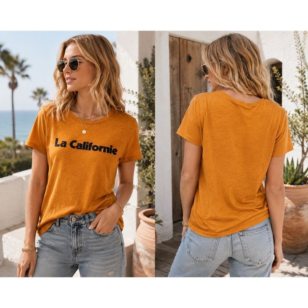 A.L.C. La Californie 100% Linen Graphic Tee Mustard Orange Small Coastal Casual